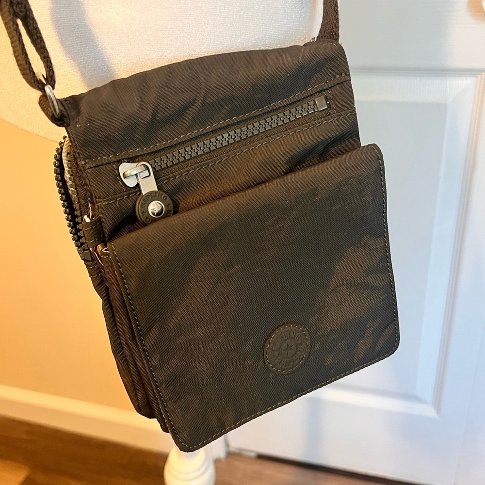 KIPLING Canvas Sporty Crossbody Purse Messenger Travel Bag Dark Brown Wallet